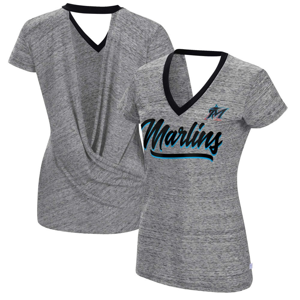 Black Miami Marlins Touch Women's Halftime Back Wrap Top V-Neck T-Shirt
