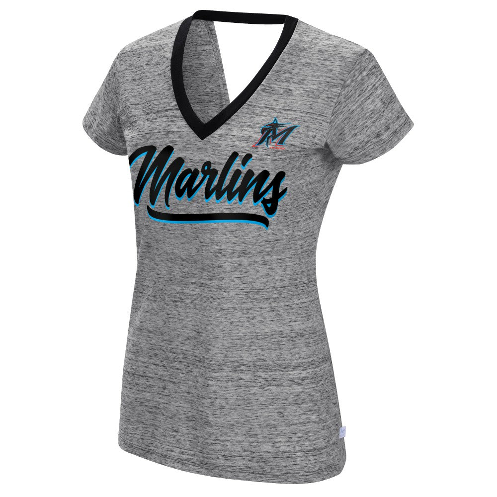 Black Miami Marlins Touch Women's Halftime Back Wrap Top V-Neck T-Shirt