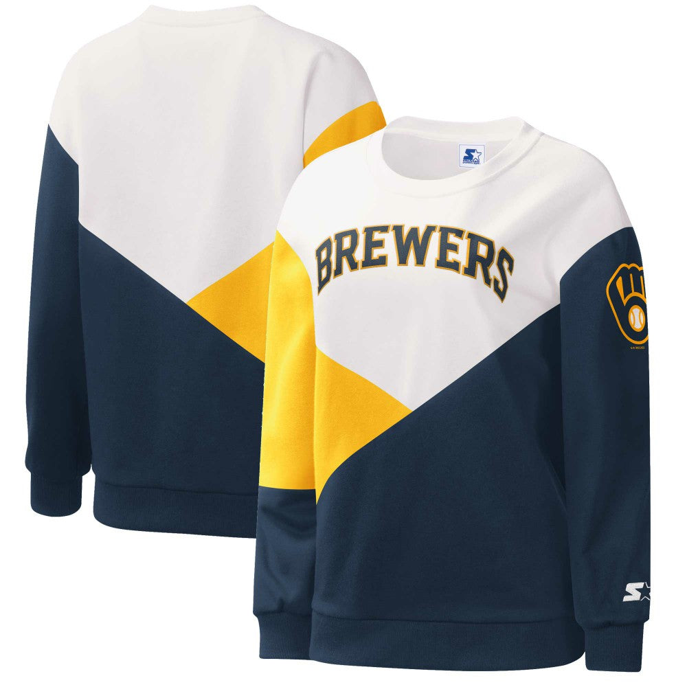 White/Navy Milwaukee Brewers Starter Women's Shutout Pullover Sweatshirt