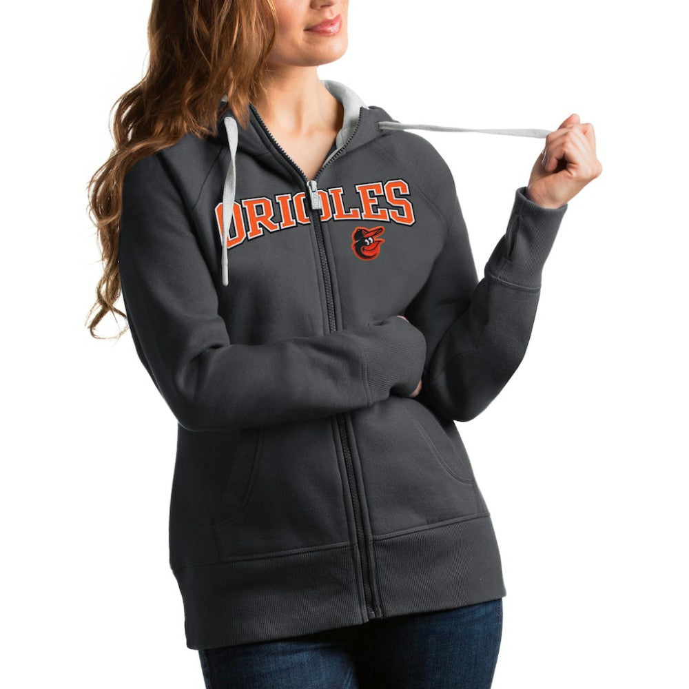 Charcoal Baltimore Orioles Antigua Women's Team Logo Victory Full-Zip Hoodie