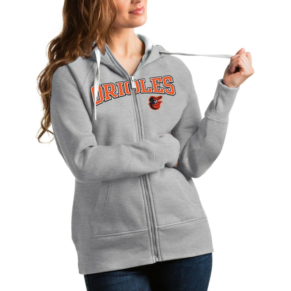Heather Gray Baltimore Orioles Antigua Women's Team Logo Victory Full-Zip Hoodie