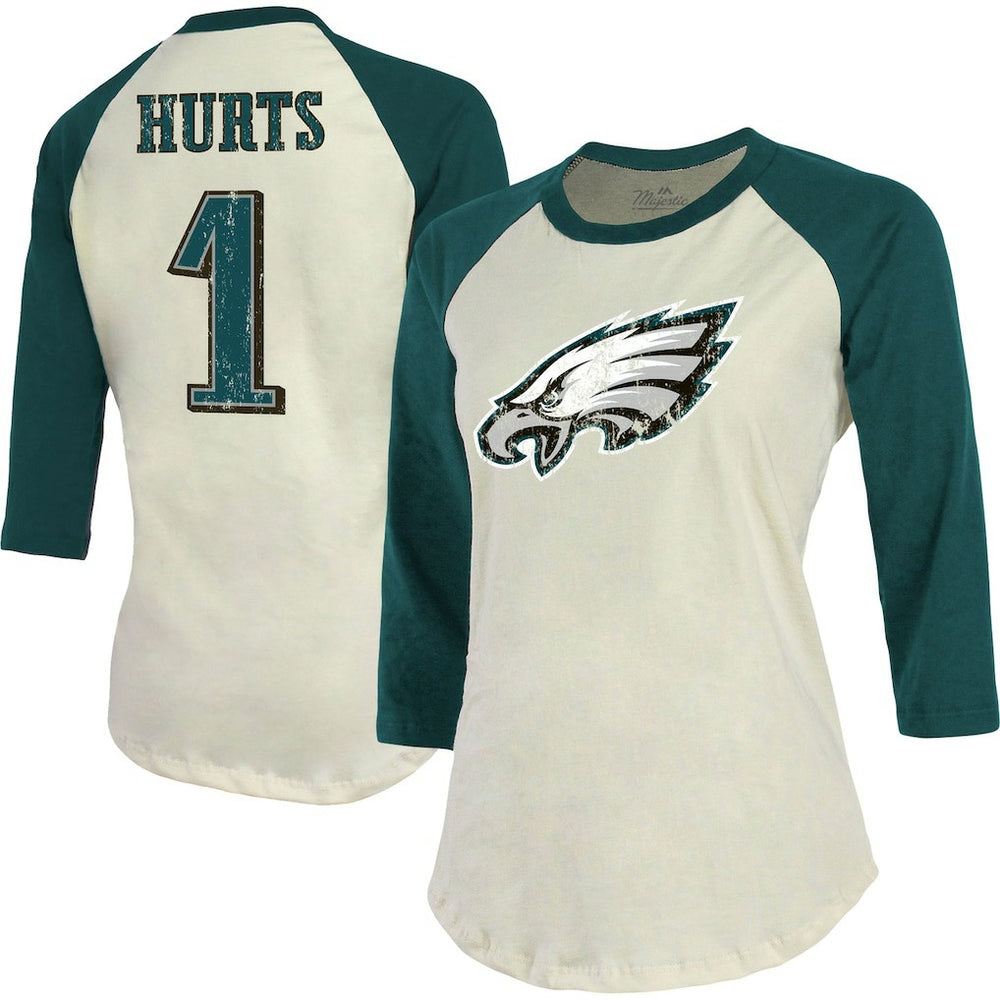 Jalen Hurts  Majestic Threads Women's Player Raglan Name & Number Fitted 3/4-Sleeve T-Shirt - Philadelphia Eagles T-shirts
