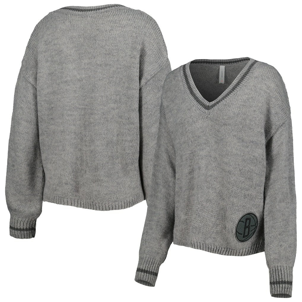 Brooklyn Nets Lusso Women's Scarletts Lantern Sleeve Tri-Blend V-Neck Pullover Sweater