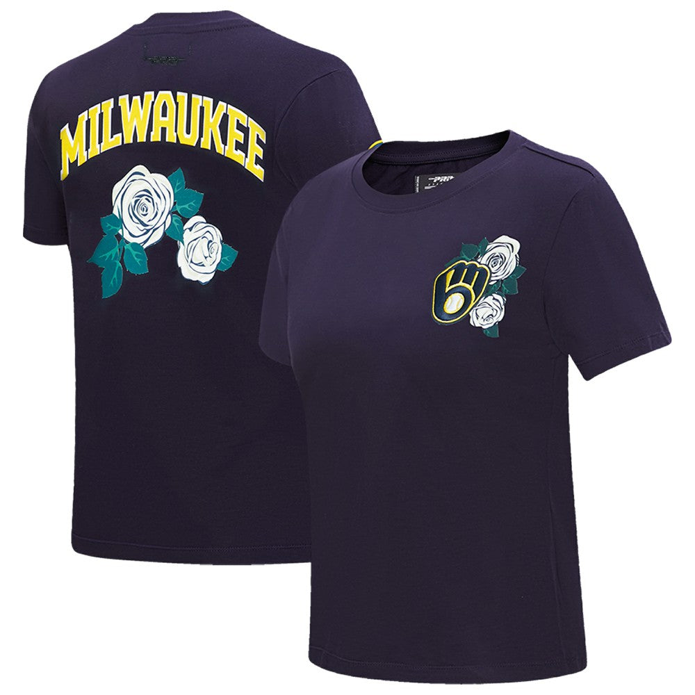 Navy Milwaukee Brewers Pro Standard Women's Roses Fitted T-Shirt