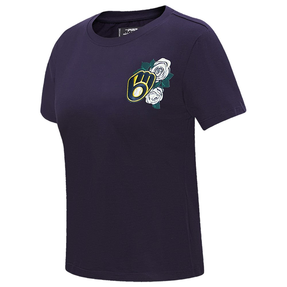 Navy Milwaukee Brewers Pro Standard Women's Roses Fitted T-Shirt