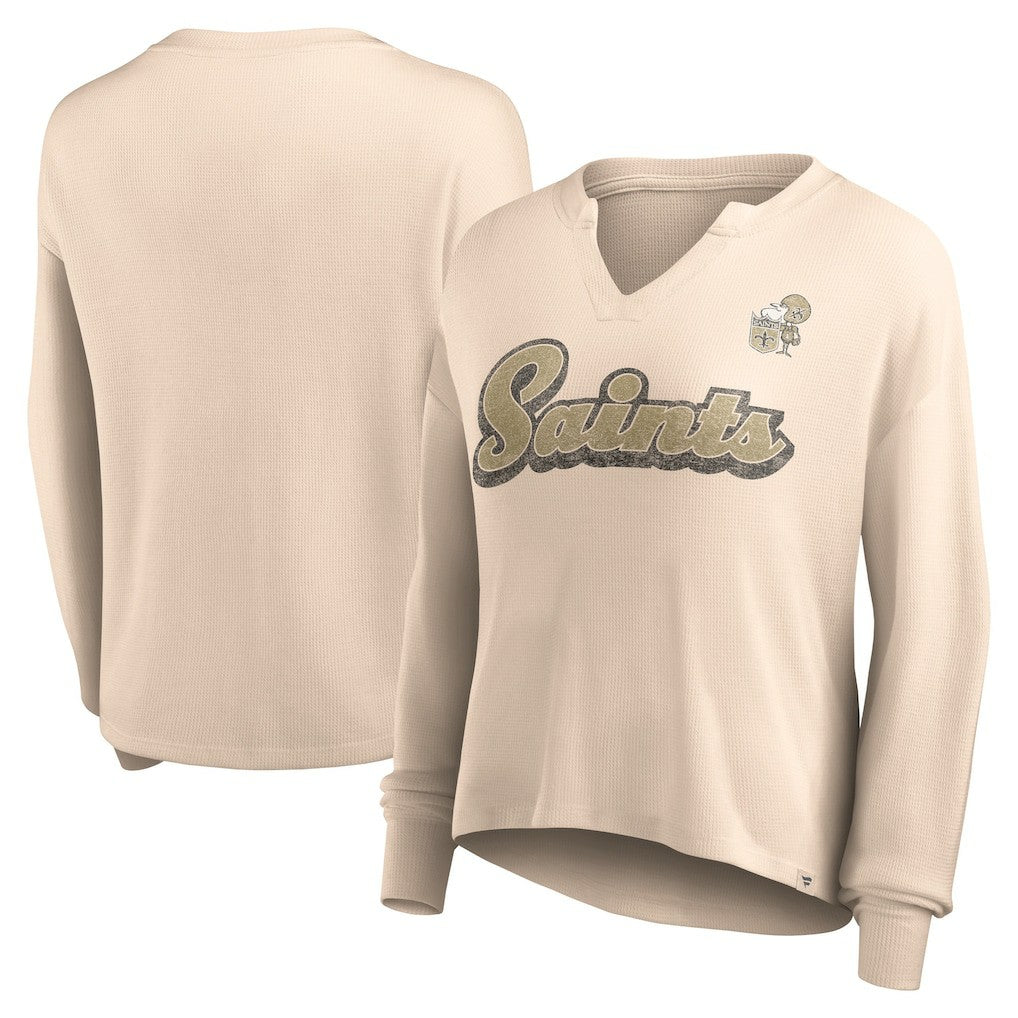 Women's Go For It Notch Neck Waffle Knit Lightweight Long Sleeve T-Shirt - New Orleans Saints T-shirts