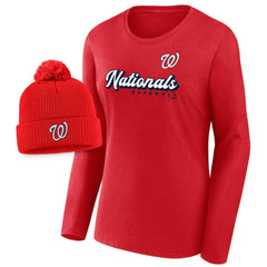 Red Washington Nationals Fanatics Women's Run The Bases Long Sleeve T-Shirt & Cuffed Knit Hat with Pom Combo Set