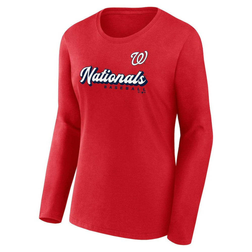Red Washington Nationals Fanatics Women's Run The Bases Long Sleeve T-Shirt & Cuffed Knit Hat with Pom Combo Set