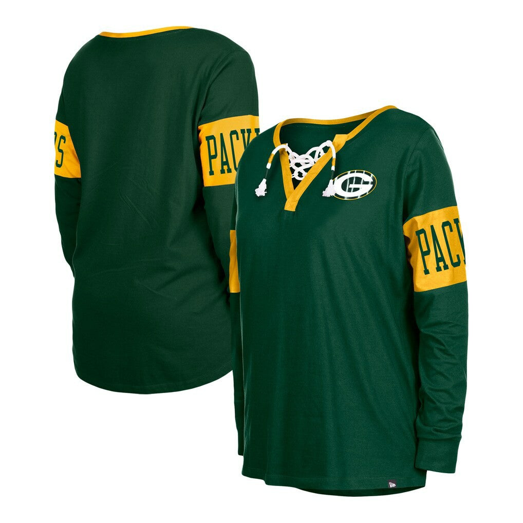 Women's Lace-Up Notch Neck Long Sleeve T-Shirt - Green Bay Packers T-shirts