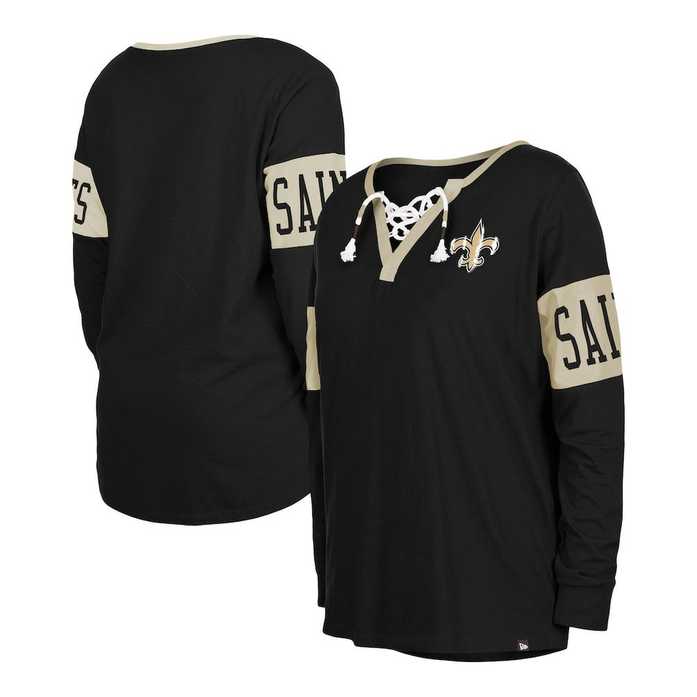 Women's Lace-Up Notch Neck Long Sleeve T-Shirt - New Orleans Saints T-shirts