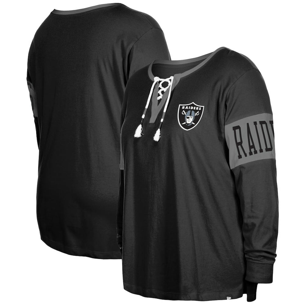 Women's Plus Size Lace-Up Notch Neck Long Sleeve T-Shirt - Las Vegas Raiders T-shirts