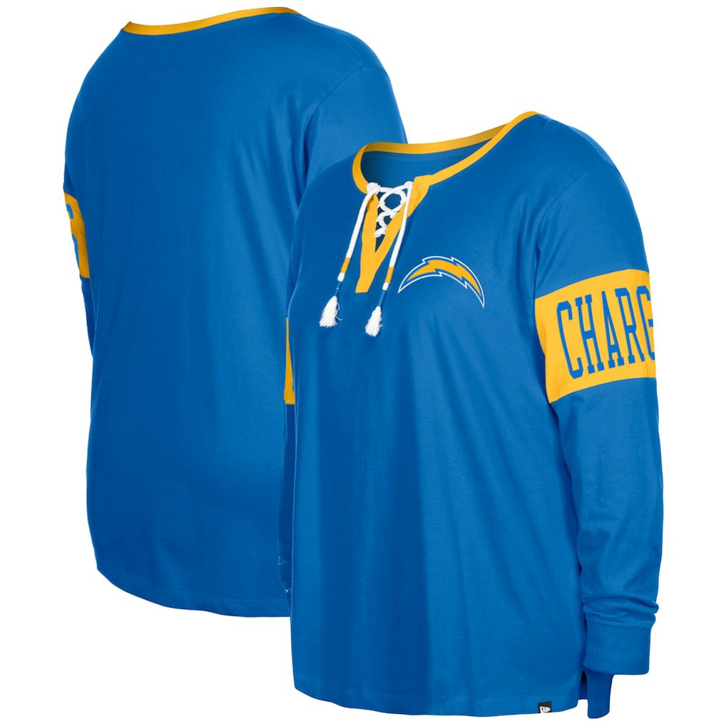 Women's Plus Size Lace-Up Notch Neck Long Sleeve T-Shirt - Los Angeles Chargers T-shirts