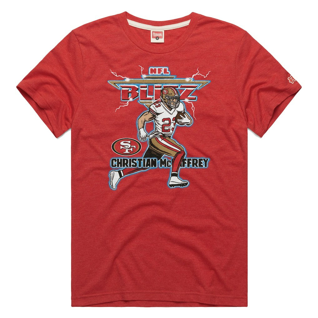 Christian McCaffrey  Homage Unisex NFL Blitz Player Tri-Blend T-Shirt - San Francisco 49ers T-shirts
