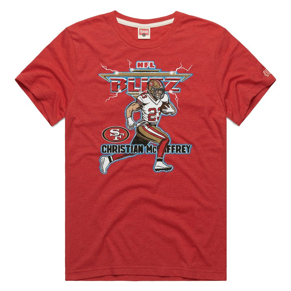 Christian McCaffrey  Homage Unisex NFL Blitz Player Tri-Blend T-Shirt - San Francisco 49ers T-shirts