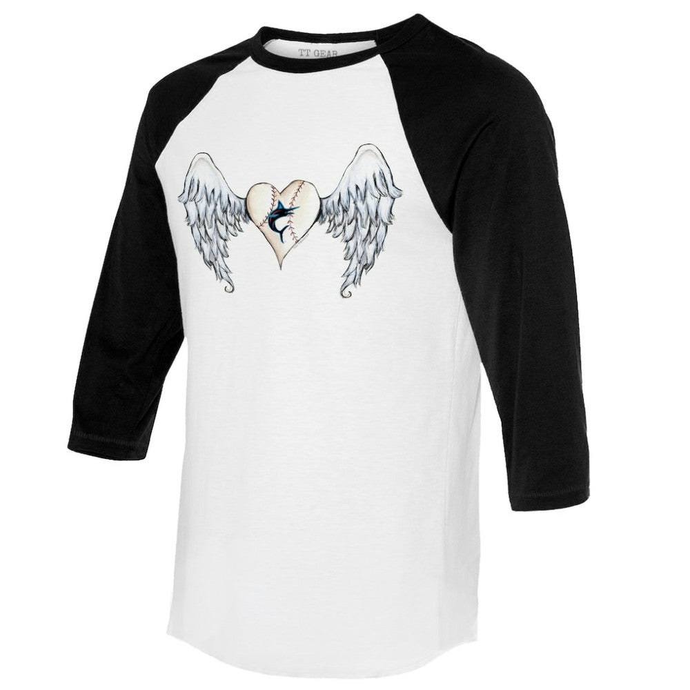 White/Black Miami Marlins Tiny Turnip Women's Angel Wings 3/4-Sleeve Raglan T-Shirt