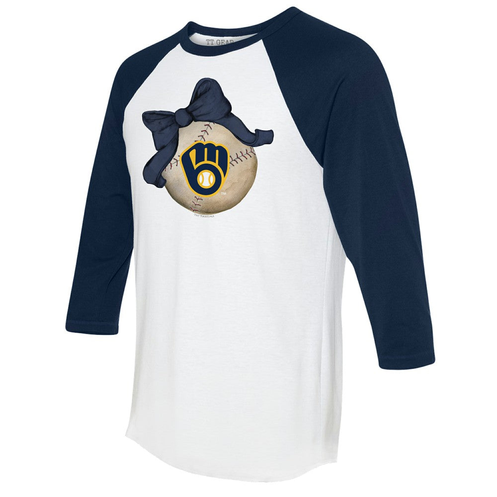 White/Navy Milwaukee Brewers Tiny Turnip Women's Baseball Bow 3/4-Sleeve Raglan T-Shirt
