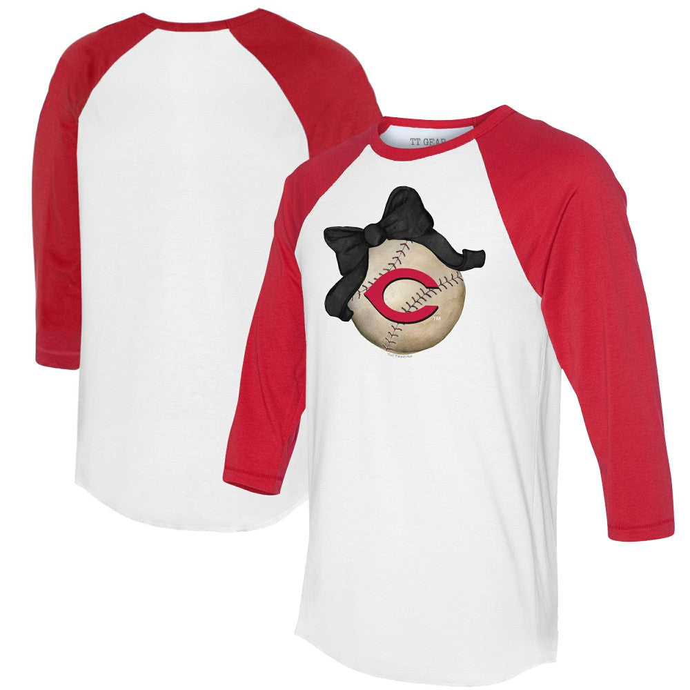 White/Red Cincinnati Reds Tiny Turnip Women's Baseball Bow 3/4-Sleeve Raglan T-Shirt