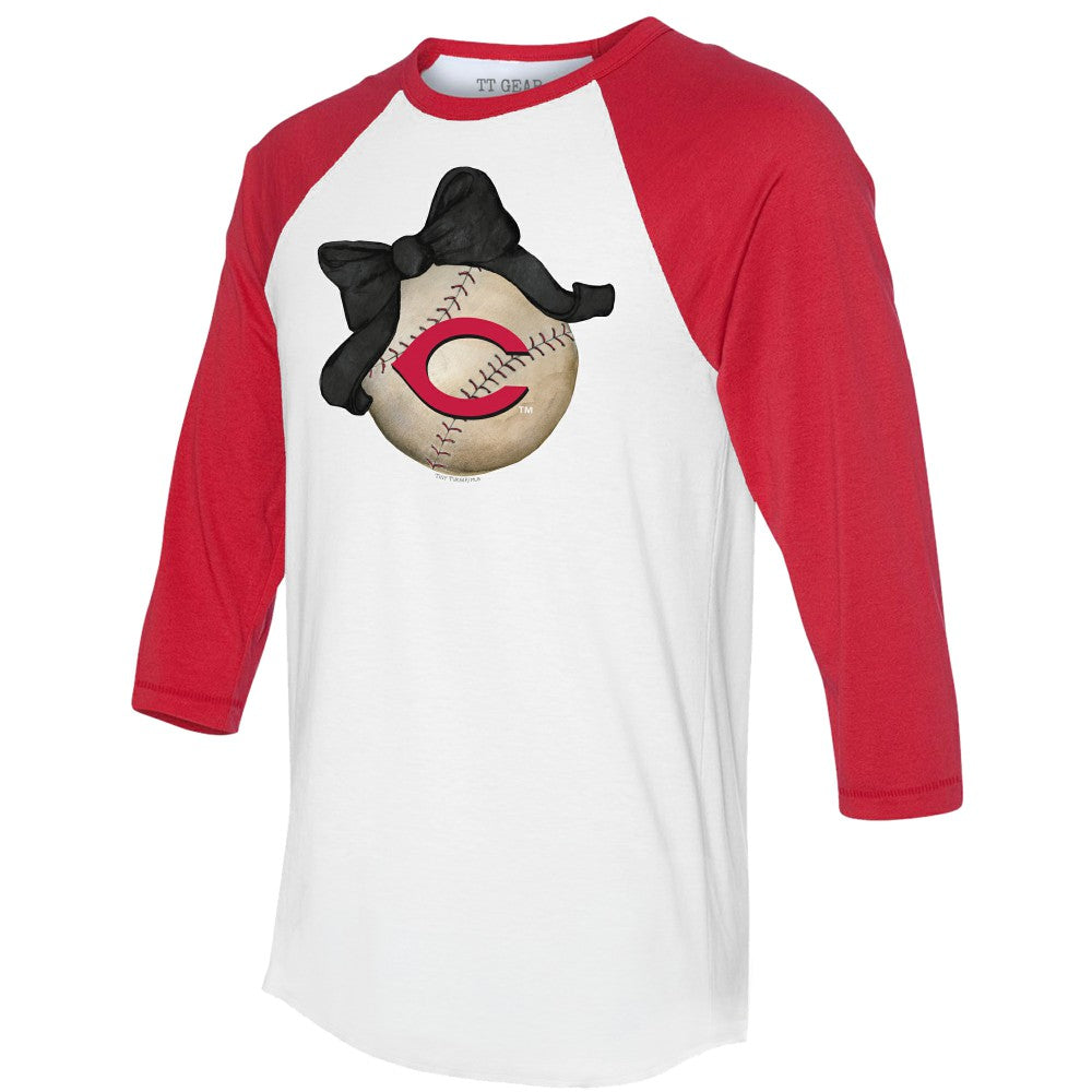 White/Red Cincinnati Reds Tiny Turnip Women's Baseball Bow 3/4-Sleeve Raglan T-Shirt
