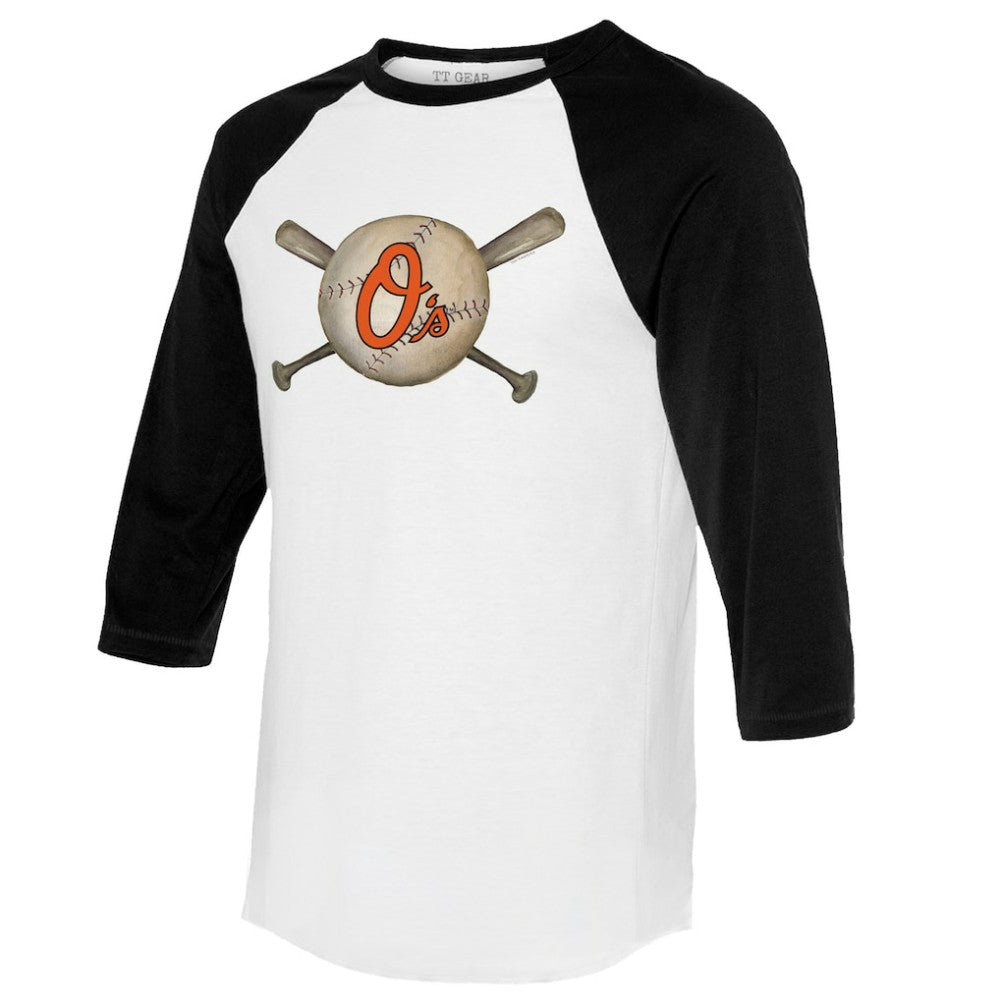White/Black Baltimore Orioles Tiny Turnip Women's Baseball Cross Bats 3/4-Sleeve Raglan T-Shirt