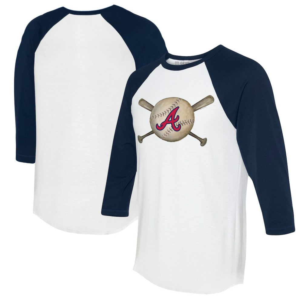 White/Navy Atlanta Braves Tiny Turnip Women's Baseball Cross Bats 3/4-Sleeve Raglan T-Shirt