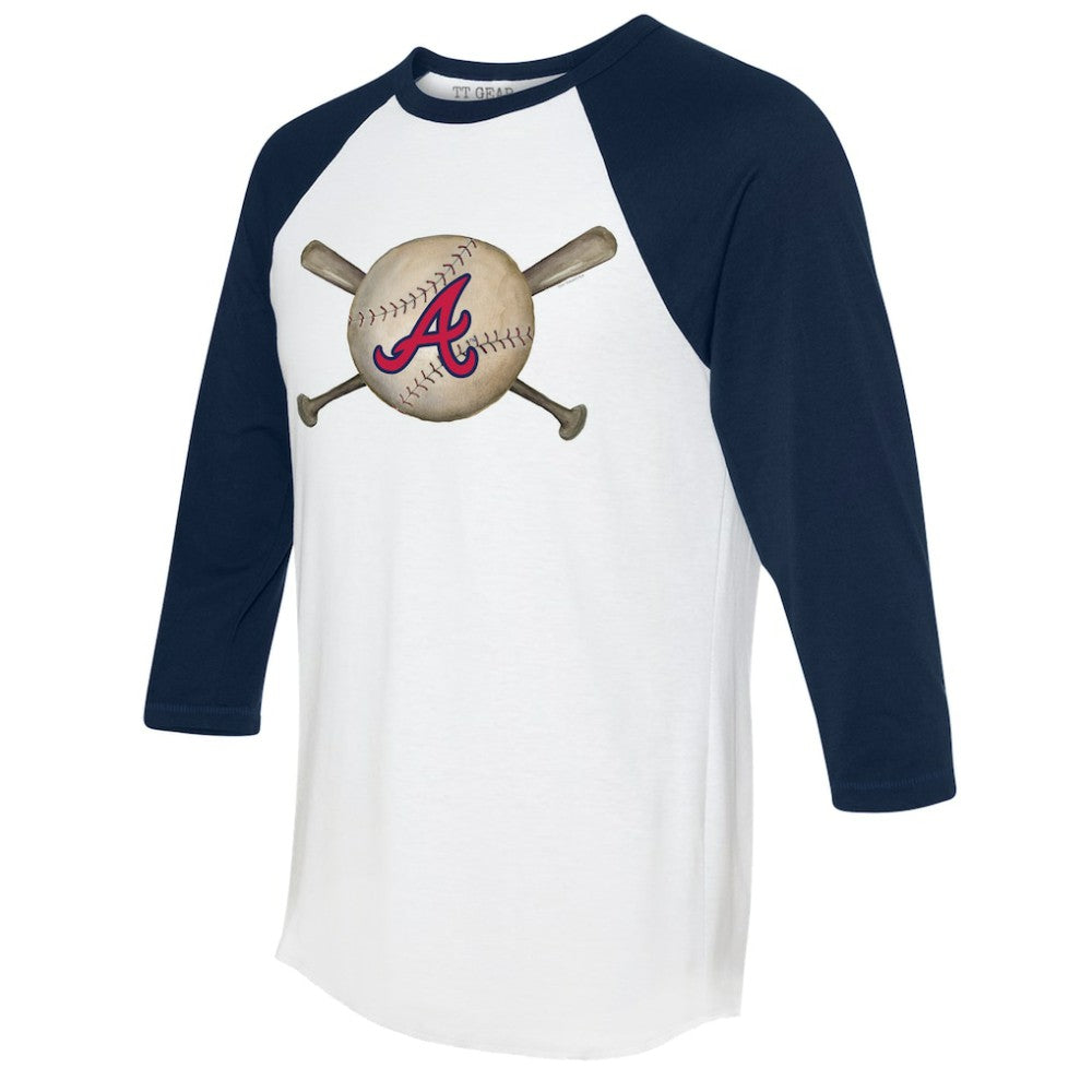 White/Navy Atlanta Braves Tiny Turnip Women's Baseball Cross Bats 3/4-Sleeve Raglan T-Shirt