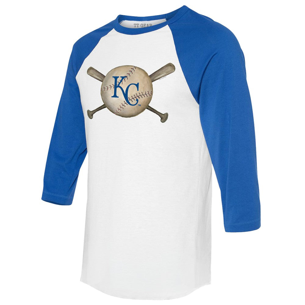 White/Royal Kansas City Royals Tiny Turnip Women's Baseball Cross Bats 3/4-Sleeve Raglan T-Shirt
