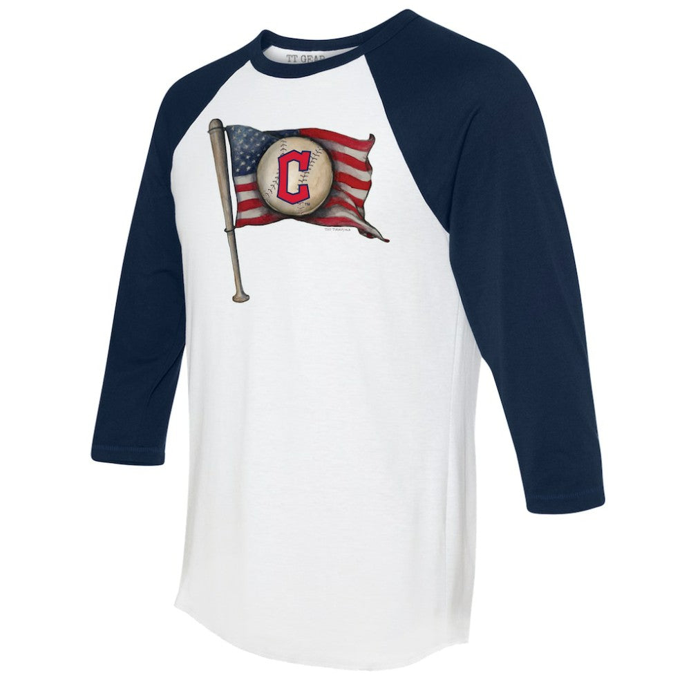 White/Navy Cleveland Guardians Tiny Turnip Women's Baseball Flag 3/4-Sleeve Raglan T-Shirt