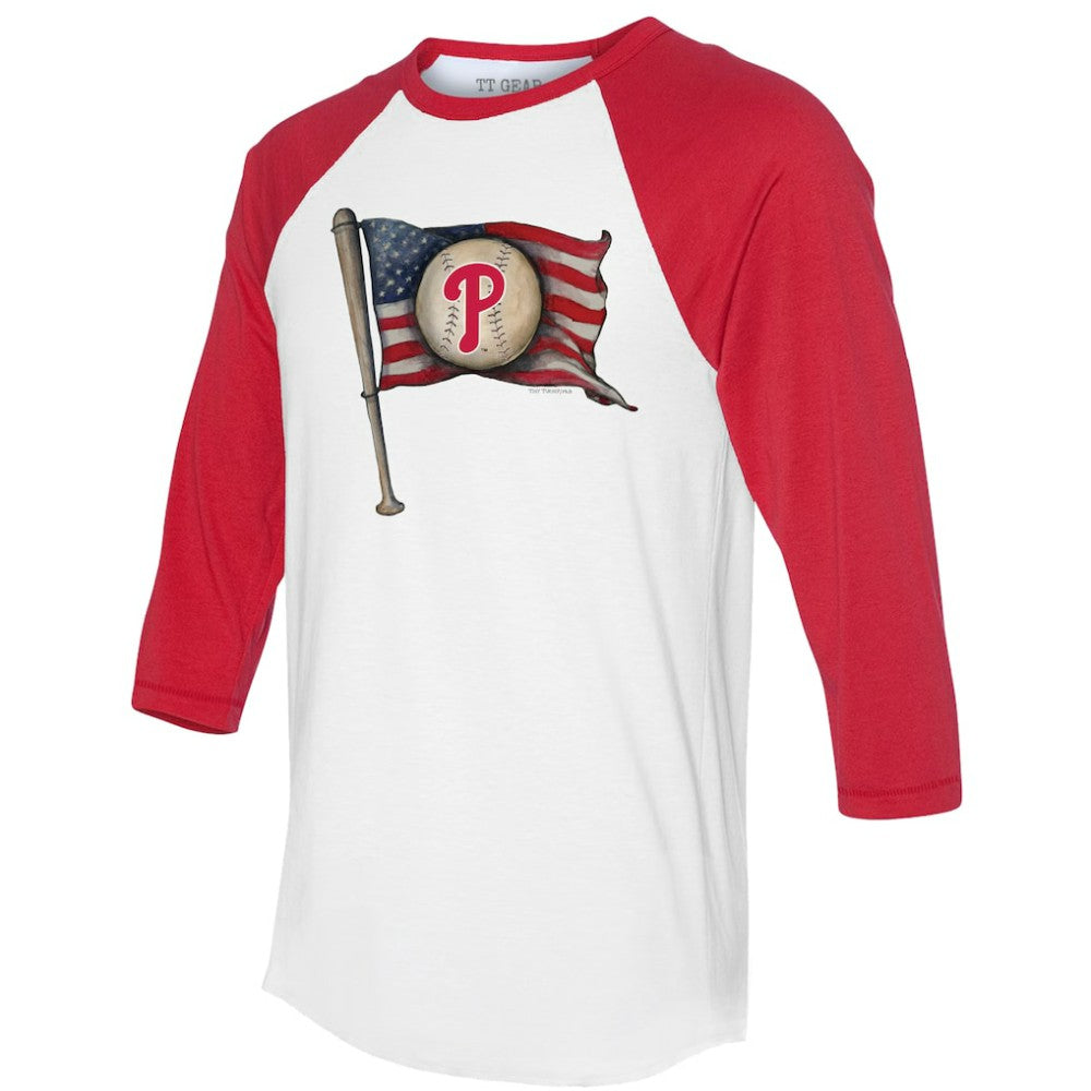 White/Red Philadelphia Phillies Tiny Turnip Women's Baseball Flag 3/4-Sleeve Raglan T-Shirt