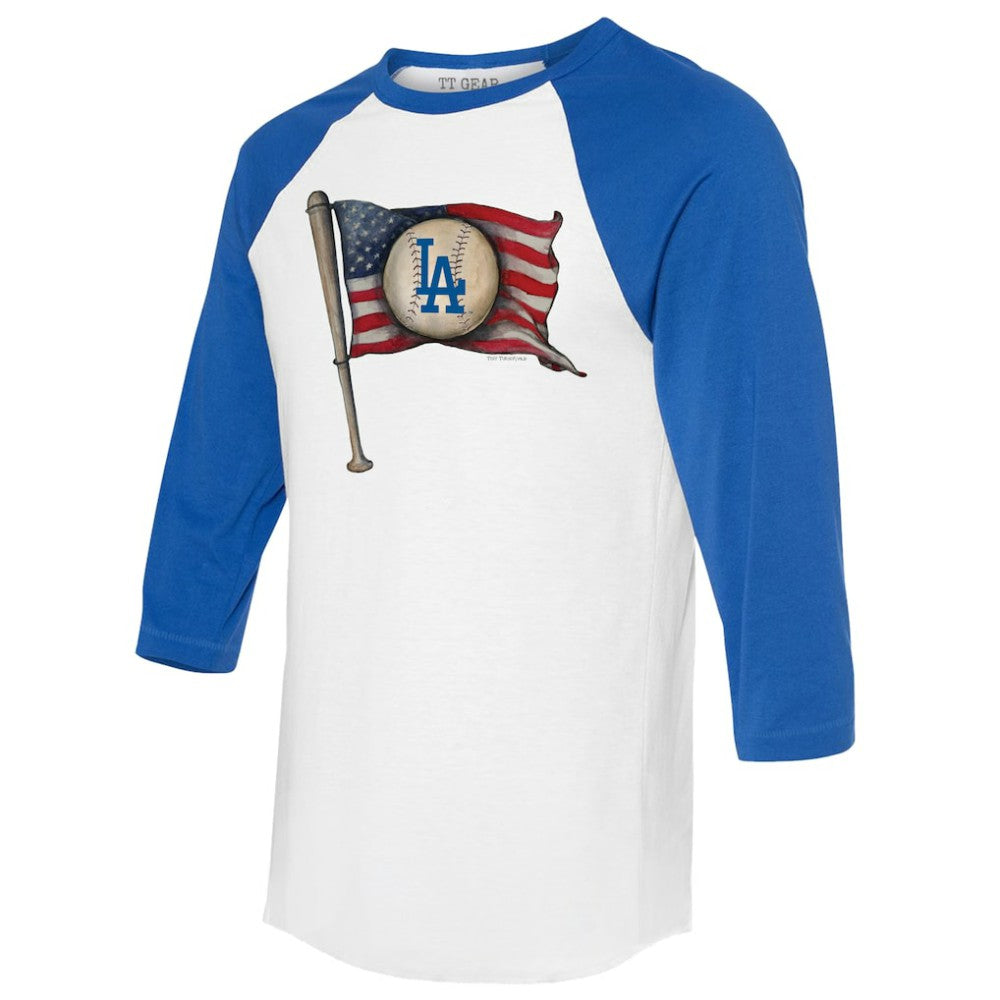 White/Royal Los Angeles Dodgers Tiny Turnip Women's Baseball Flag 3/4-Sleeve Raglan T-Shirt