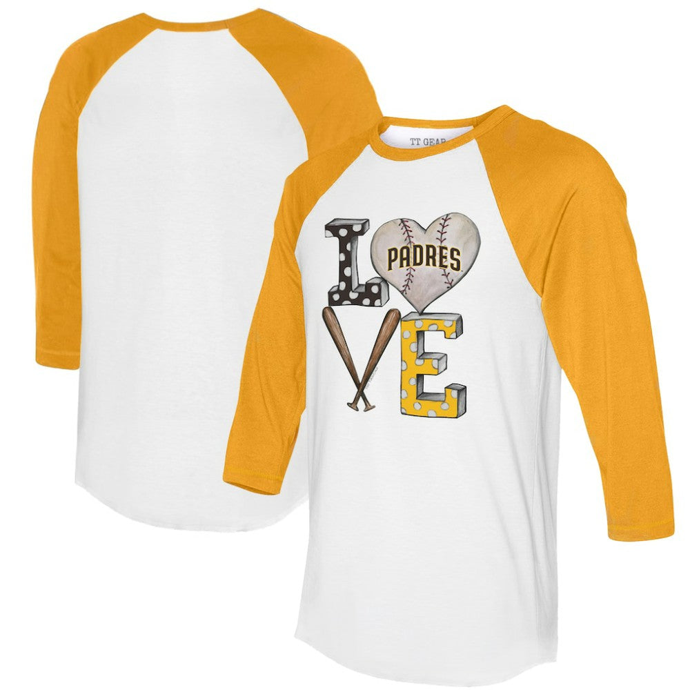 White/Gold San Diego Padres Tiny Turnip Women's Baseball Love Raglan 3/4-Sleeve T-Shirt
