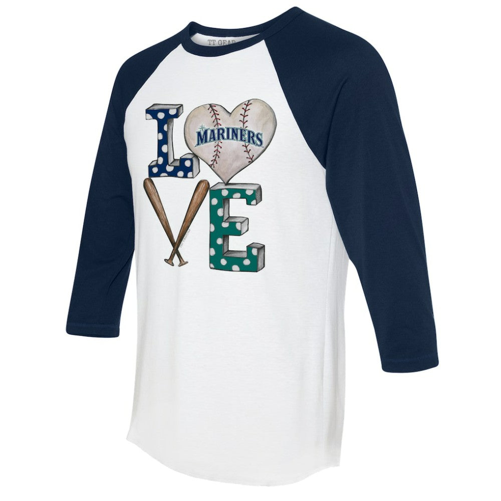White/Navy Seattle Mariners Tiny Turnip Women's Baseball Love Raglan 3/4-Sleeve T-Shirt