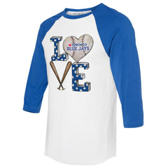 White/Royal Toronto Blue Jays Tiny Turnip Women's Baseball Love Raglan 3/4-Sleeve T-Shirt