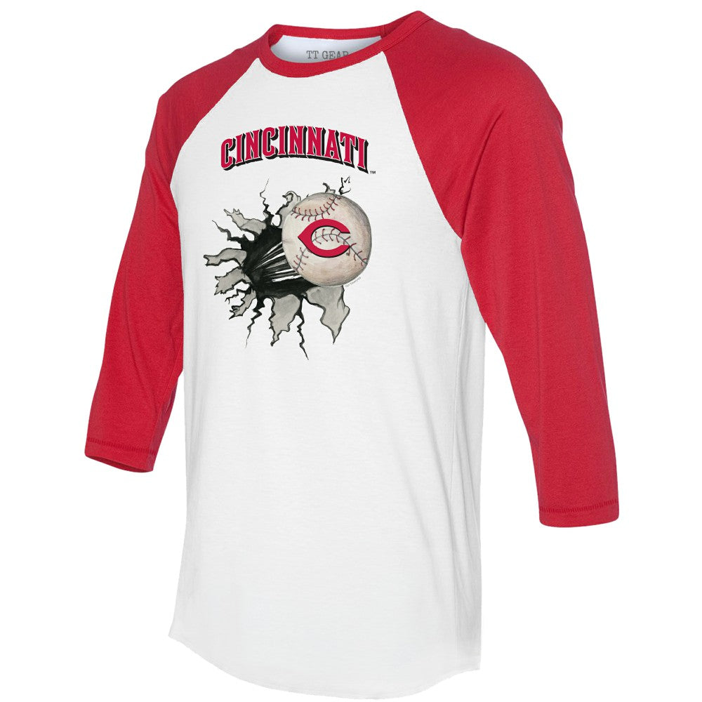 White/Red Cincinnati Reds Tiny Turnip Women's Baseball Tear 3/4-Sleeve Raglan T-Shirt
