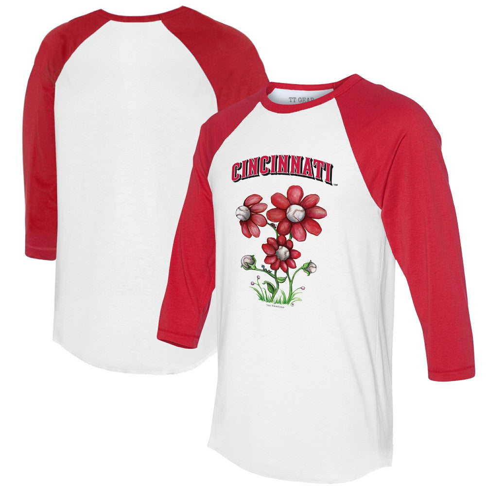 White/Red Cincinnati Reds Tiny Turnip Women's Blooming Baseballs 3/4-Sleeve Raglan T-Shirt