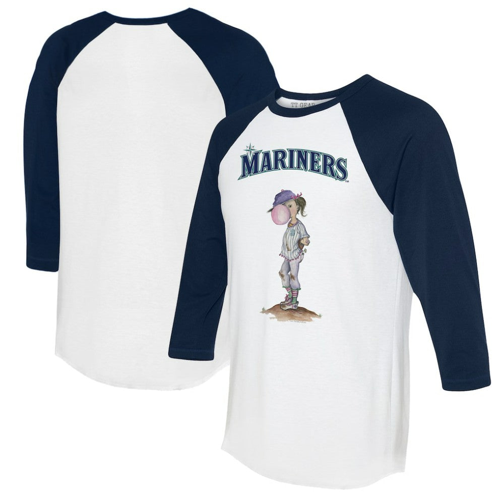 White/Navy Seattle Mariners Tiny Turnip Women's Bubbles 3/4-Sleeve Raglan T-Shirt