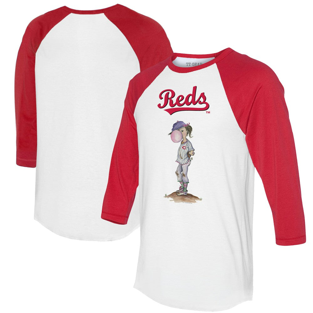 White/Red Cincinnati Reds Tiny Turnip Women's Bubbles 3/4-Sleeve Raglan T-Shirt