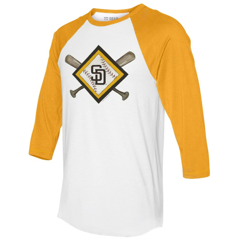White/Gold San Diego Padres Tiny Turnip Women's Diamond Cross Bats 3/4-Sleeve Raglan T-Shirt