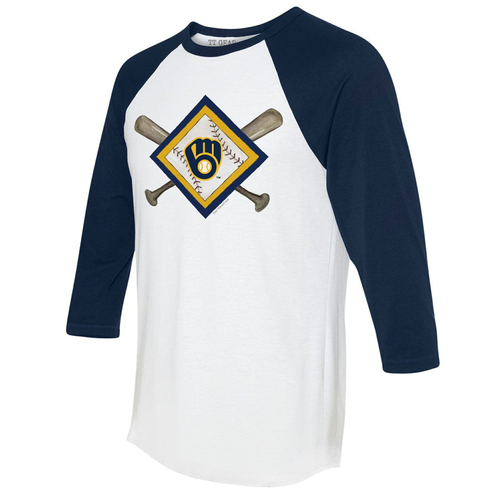 White/Navy Milwaukee Brewers Tiny Turnip Women's Diamond Cross Bats 3/4-Sleeve Raglan T-Shirt