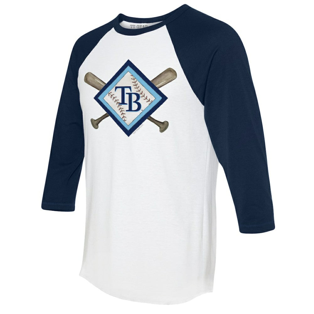 White/Navy Tampa Bay Rays Tiny Turnip Women's Diamond Cross Bats 3/4-Sleeve Raglan T-Shirt