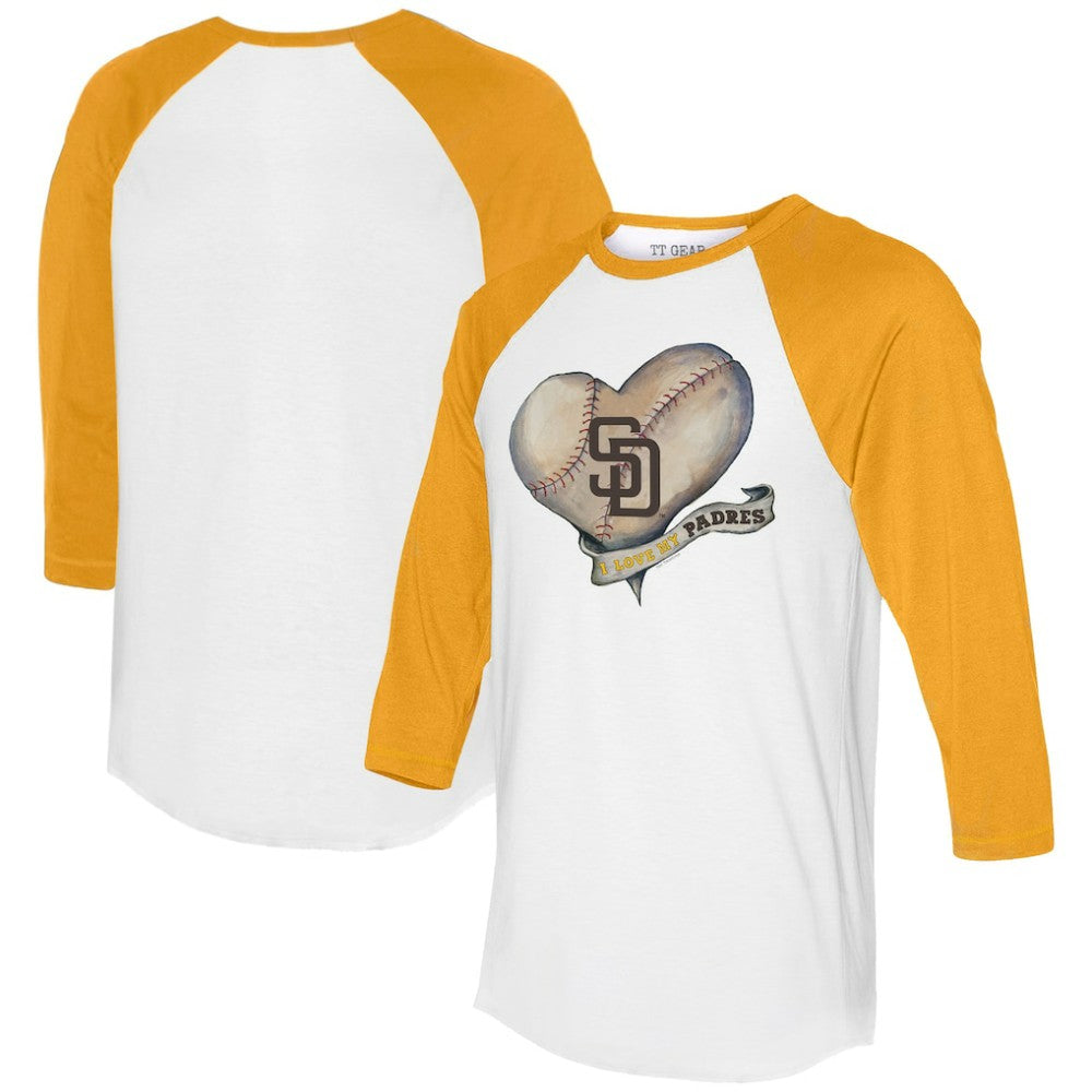 White/Gold San Diego Padres Tiny Turnip Women's Heart Banner 3/4-Sleeve Raglan T-Shirt