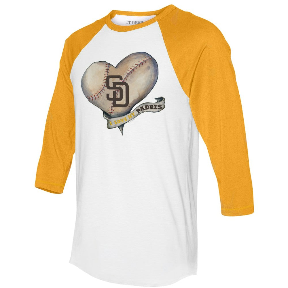 White/Gold San Diego Padres Tiny Turnip Women's Heart Banner 3/4-Sleeve Raglan T-Shirt