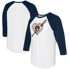 White/Navy Milwaukee Brewers Tiny Turnip Women's Heart Bat 3/4-Sleeve Raglan T-Shirt