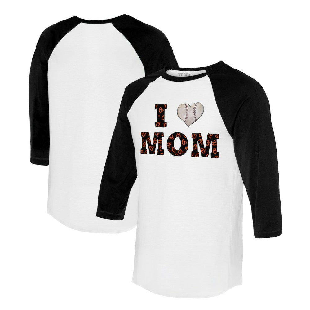 White/Black Baltimore Orioles Tiny Turnip Women's I Love Mom 3/4-Sleeve Raglan T-Shirt