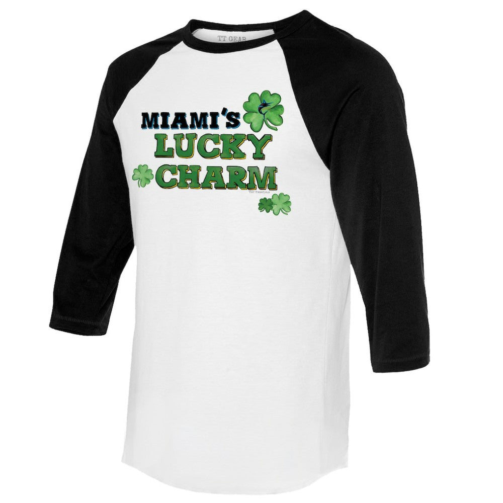 White/Black Miami Marlins Tiny Turnip Women's Lucky Charm 3/4-Sleeve Raglan T-Shirt