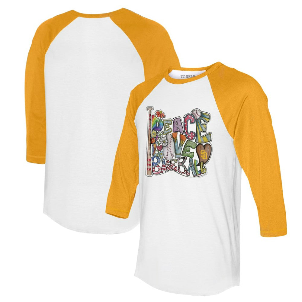 White/Gold San Diego Padres Tiny Turnip Women's Peace Love Baseball 3/4-Sleeve Raglan T-Shirt