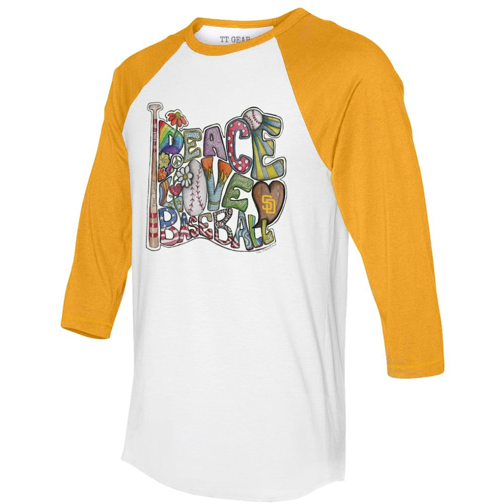 White/Gold San Diego Padres Tiny Turnip Women's Peace Love Baseball 3/4-Sleeve Raglan T-Shirt