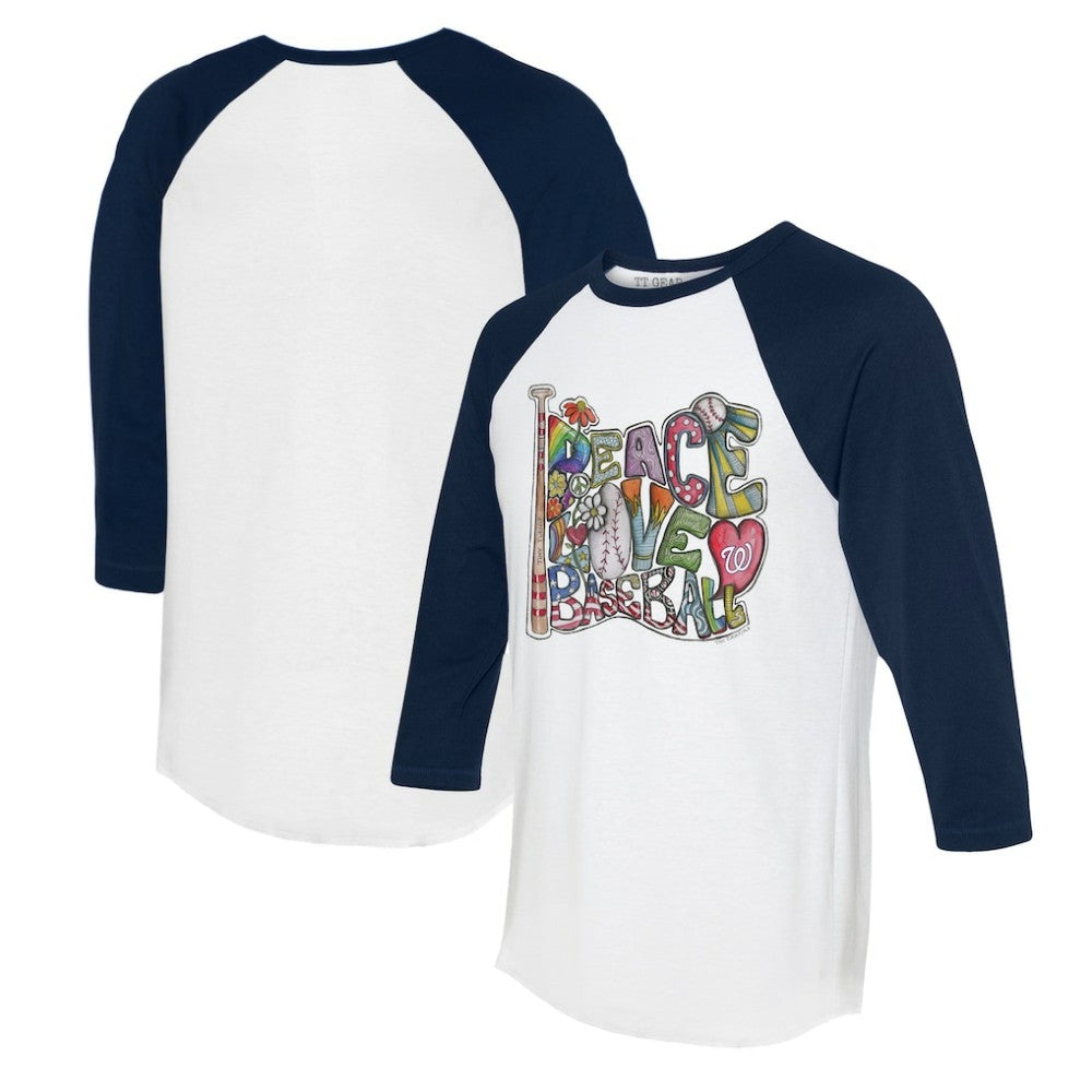 White/Navy Washington Nationals Tiny Turnip Women's Peace Love Baseball 3/4-Sleeve Raglan T-Shirt