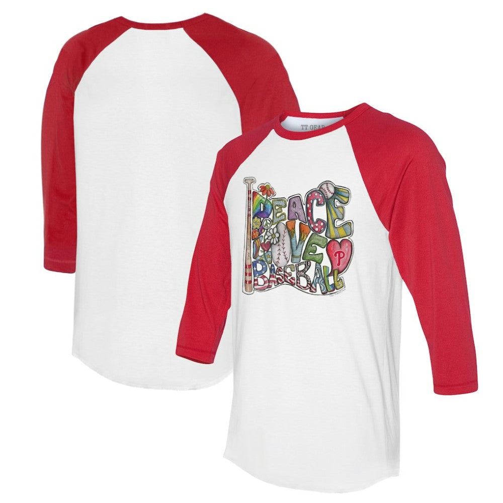 White/Red Philadelphia Phillies Tiny Turnip Women's Peace Love Baseball 3/4-Sleeve Raglan T-Shirt