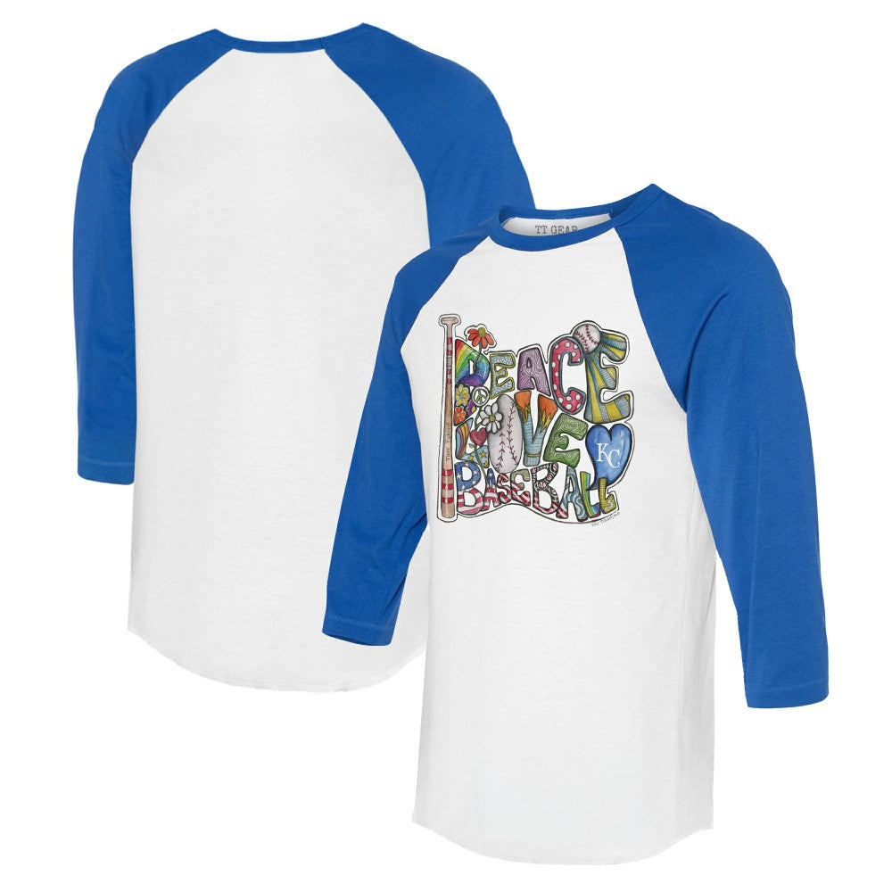 White/Royal Kansas City Royals Tiny Turnip Women's Peace Love Baseball 3/4-Sleeve Raglan T-Shirt