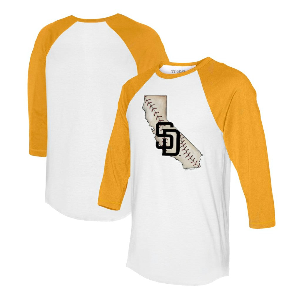 White/Gold San Diego Padres Tiny Turnip Unisex State Outline 3/4-Sleeve Raglan T-Shirt